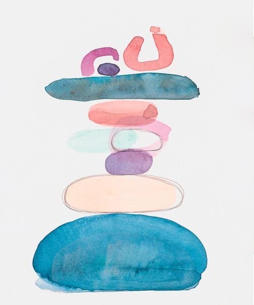 Acuarela abstracta moderna original con colores azul, morado y amarillo, de la serie piedras. Obra titulada "Equilibrio" de emegrande.