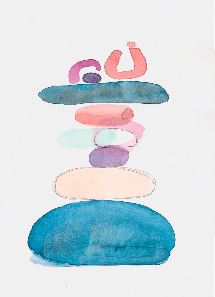 Acuarela abstracta moderna original con colores azul, morado y amarillo, de la serie piedras. Obra titulada "Equilibrio" de emegrande.