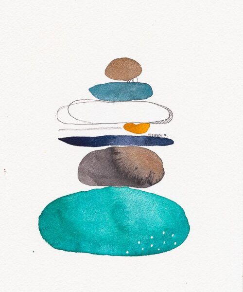 Acuarela abstracta moderna original de la serie piedras con colores azul, verde y marrón titulada "Simple" de la artista emegrande