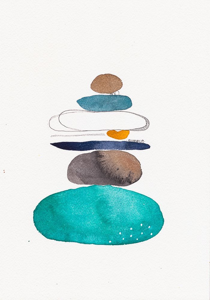 Acuarela abstracta moderna original de la serie piedras con colores azul, verde y marrón titulada "Simple" de la artista emegrande