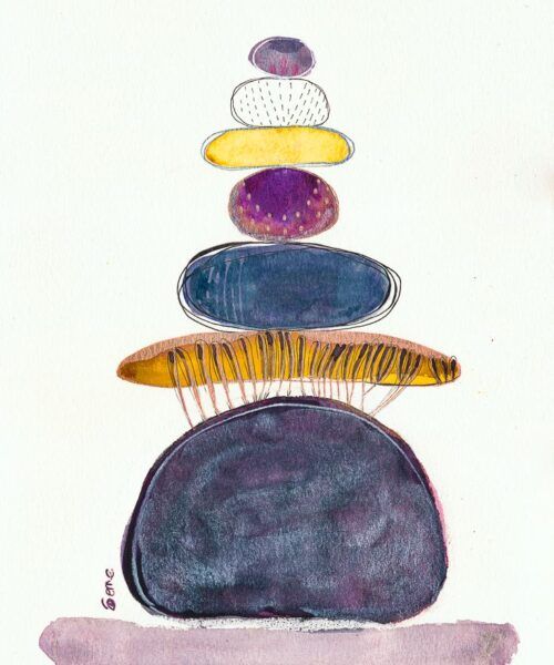 Acuarela abstracta moderna original con colores morados, azules y dorados titulada "Rebalance" de emegrande