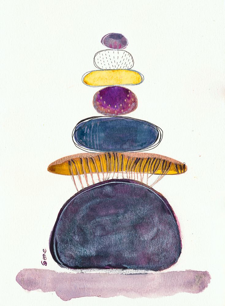 Acuarela abstracta moderna original con colores morados, azules y dorados titulada "Rebalance" de emegrande