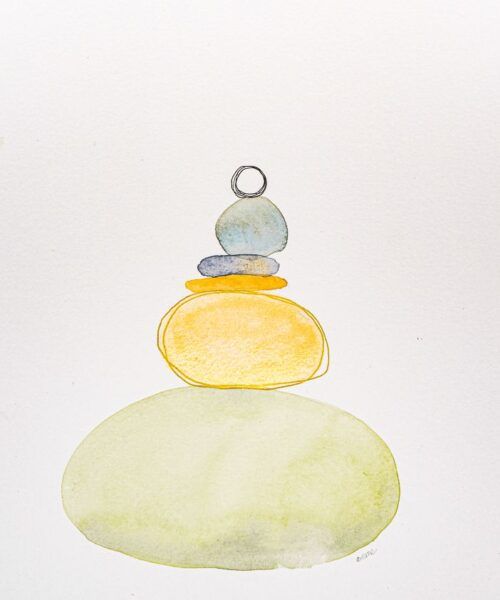 Acuarela abstracta moderna original de la serie piedras con colores pastel y dorados titulada "Rock balance III" de emegrande