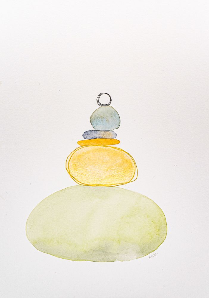 Acuarela abstracta moderna original de la serie piedras con colores pastel y dorados titulada "Rock balance III" de emegrande