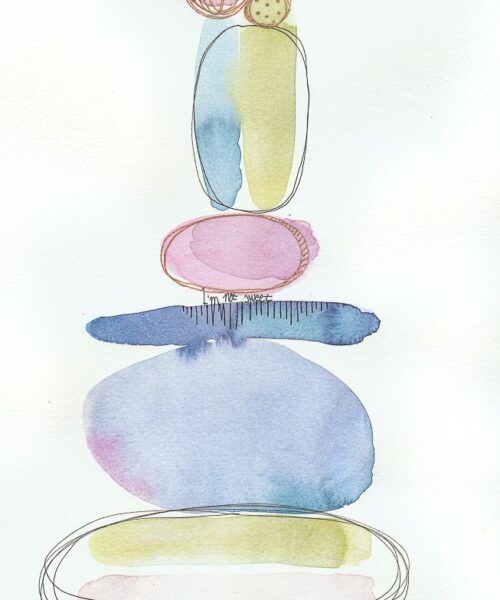Acuarela abstracta moderna original con colores pastel azul, verde y rosa, de la serie piedras. Obra titulada "I'm not sweet" de emegrande.