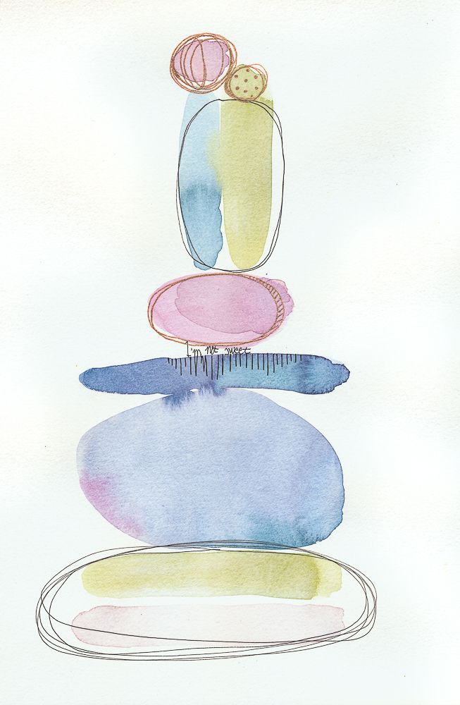 Acuarela abstracta moderna original con colores pastel azul, verde y rosa, de la serie piedras. Obra titulada "I'm not sweet" de emegrande.