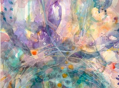 Acuarela abstracta moderna con colores morado, verde y naranja, titulada "Vida" y pintada por encargo por la artista "emegrande"