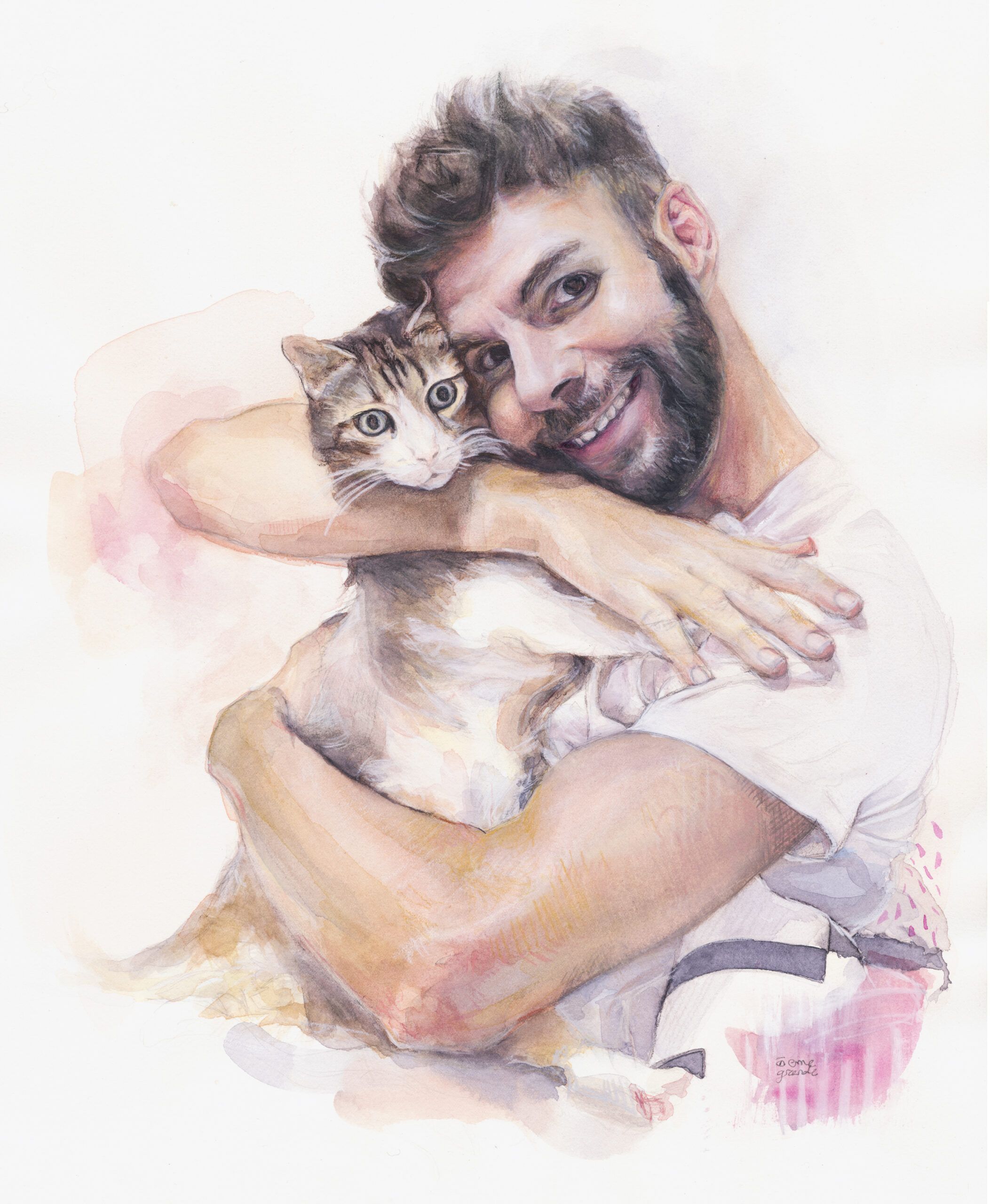 Retrato e ilustración con mascota en acuarela de estilo realista de un hombre con su gato de la artista emegrande